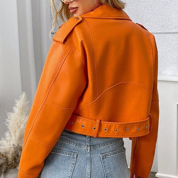 Orange Casual Women's Minimalist Zip Up faux leather Cropped Jacket - Picture 6 of 6